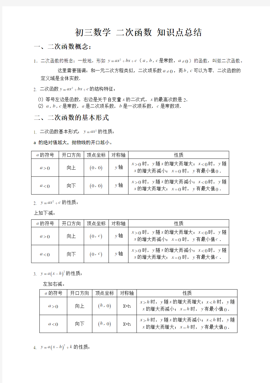 初三数学二次函数知识点总结及经典习题含答案