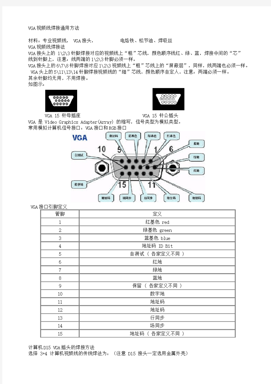 VGA视频线焊接方法