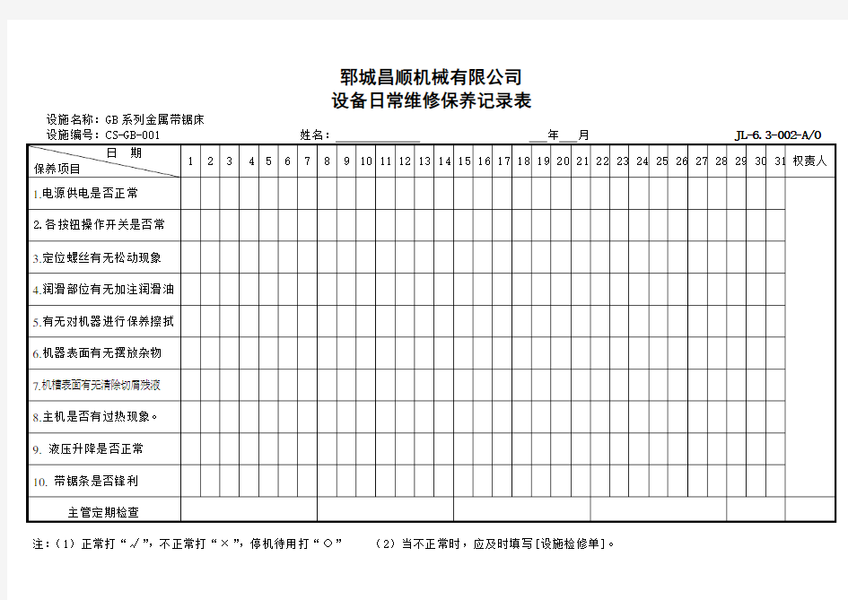 2.设备日常维修保养记录表