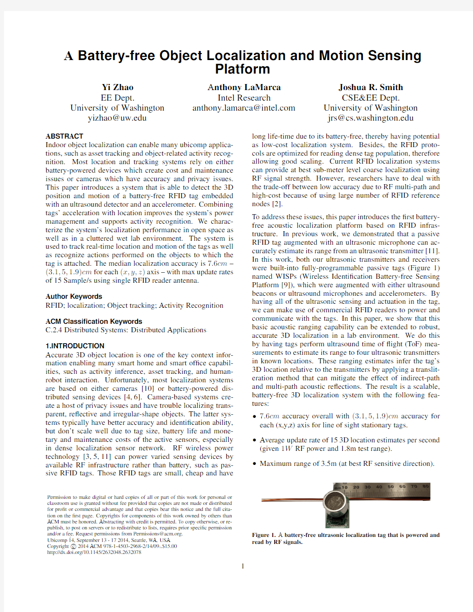 A Battery-free Object Localization and Motion Sensing