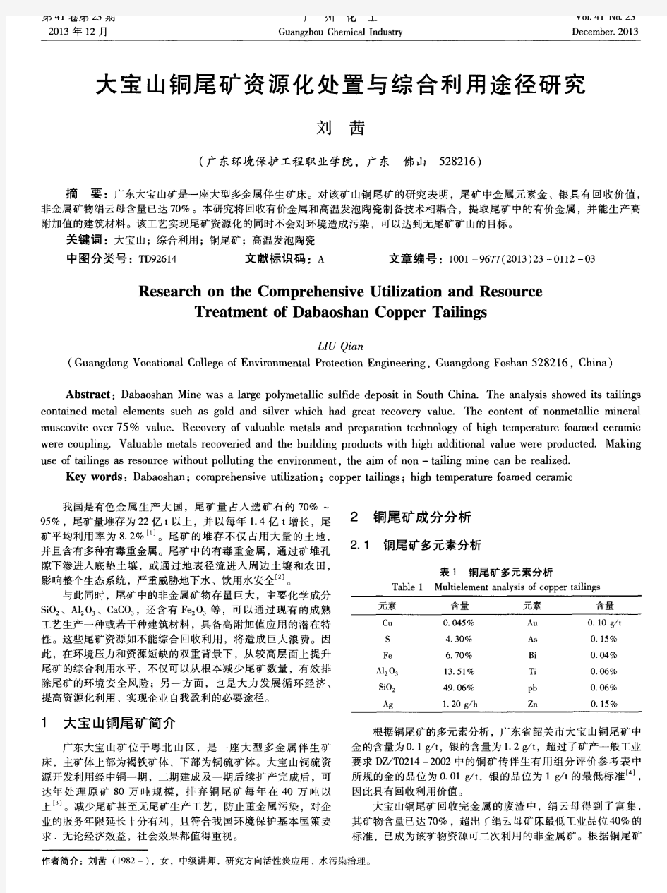 大宝山铜尾矿资源化处置与综合利用途径研究