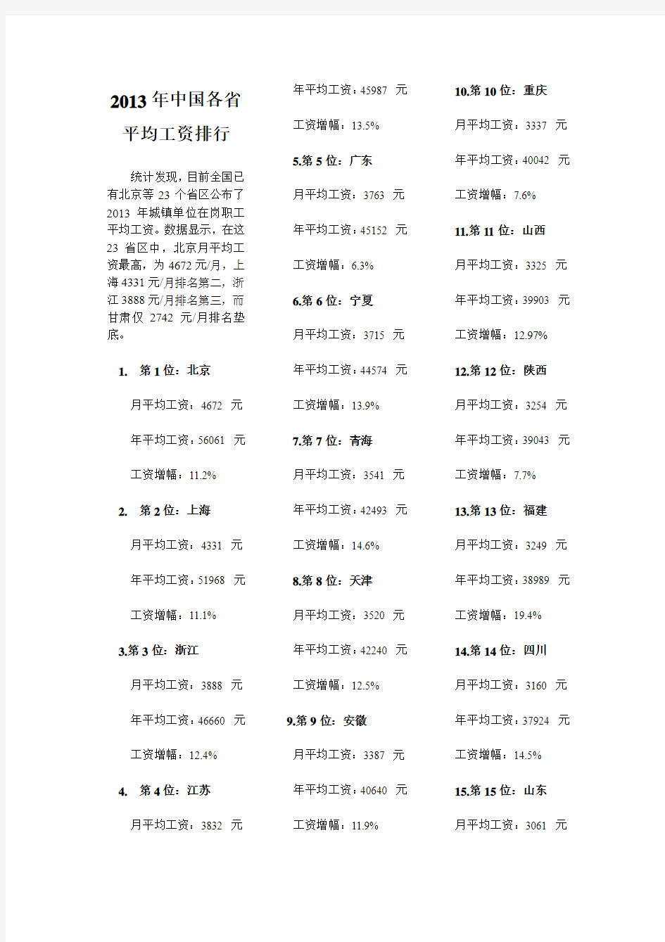 2013年中国各省平均工资排行--2014.12.19