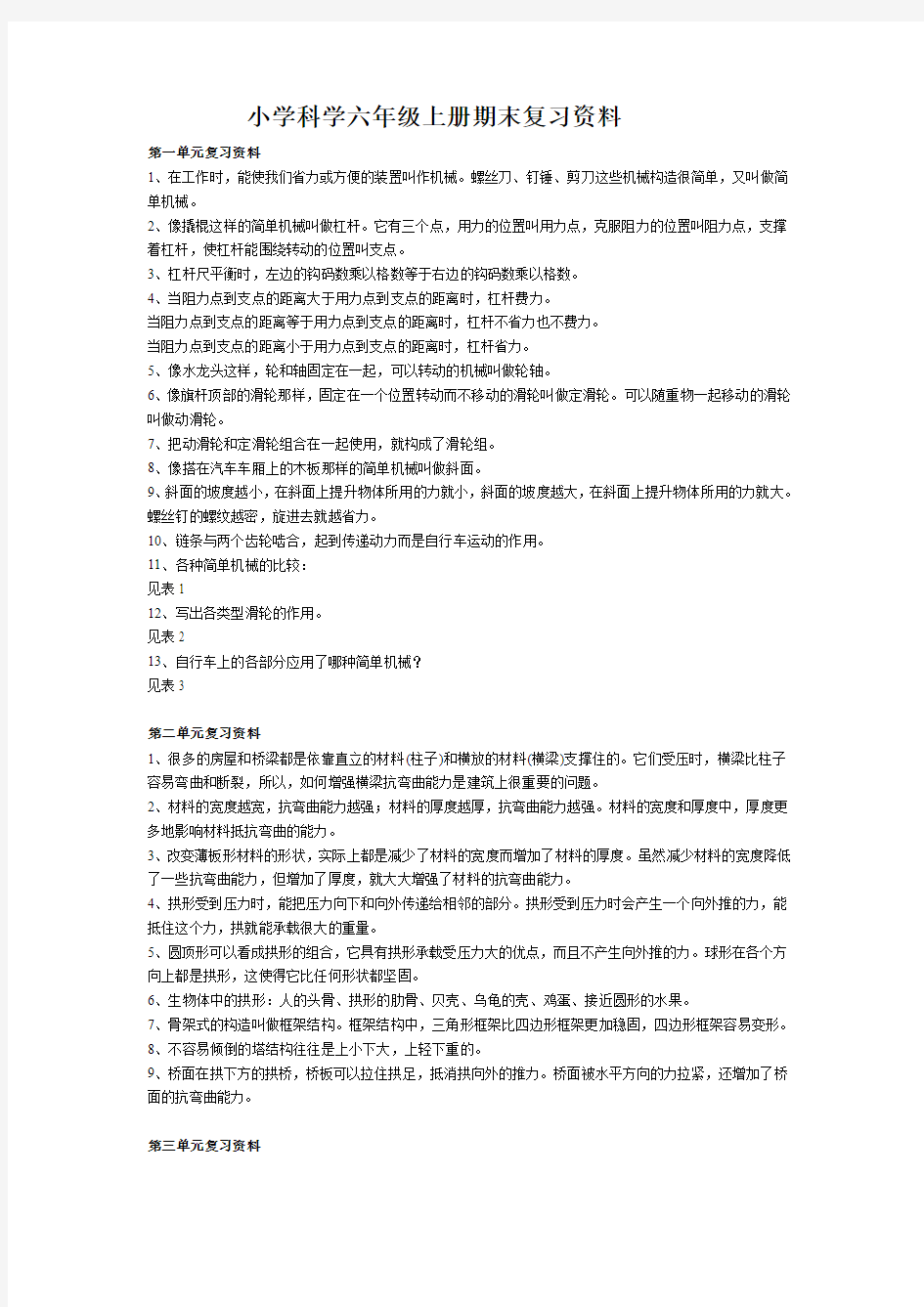 小学科学六年级上册期末复习资料