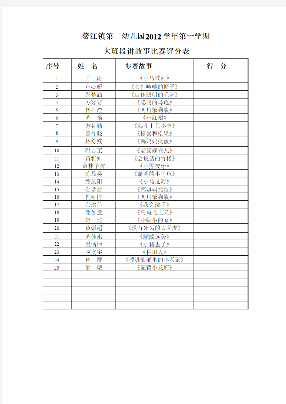 大班段讲故事比赛比赛评分表1