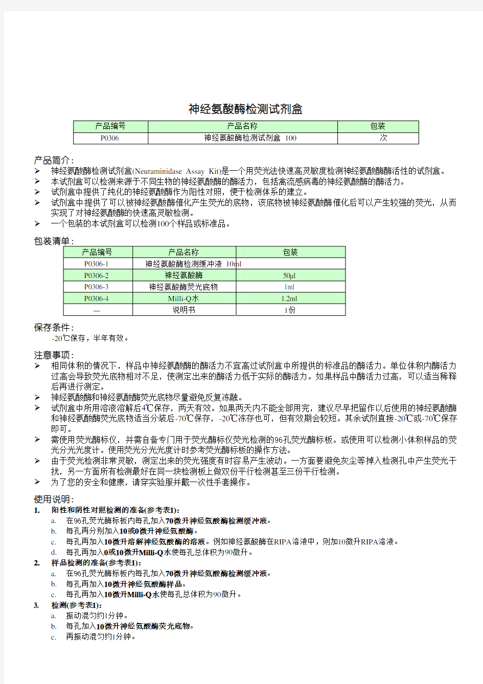 P0306 神经氨酸酶检测试剂盒