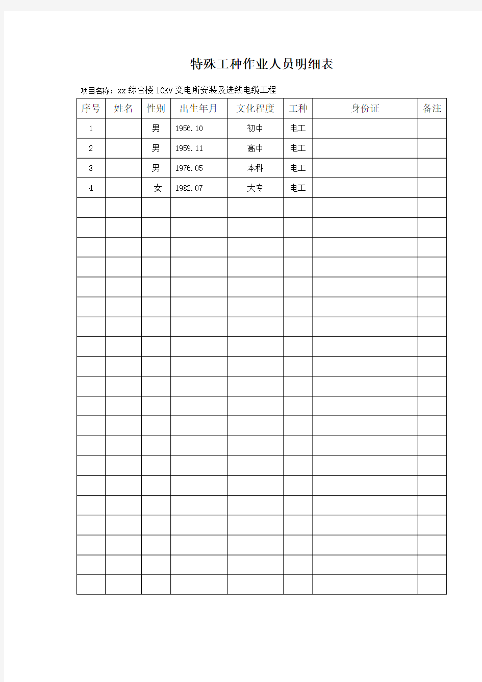 特殊工种人员明细