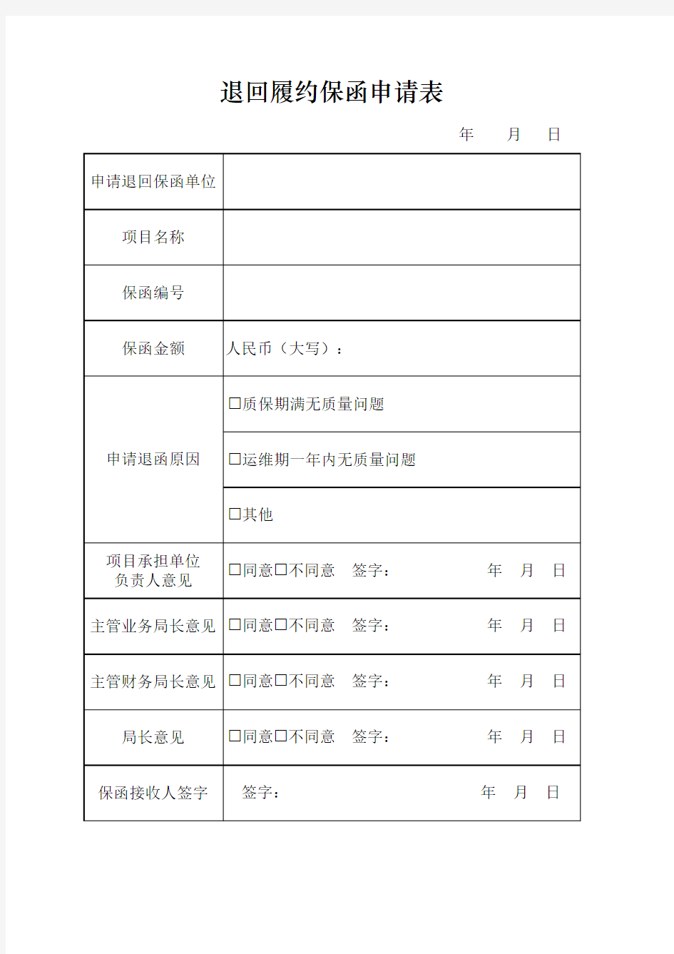 退回履约保函审批表