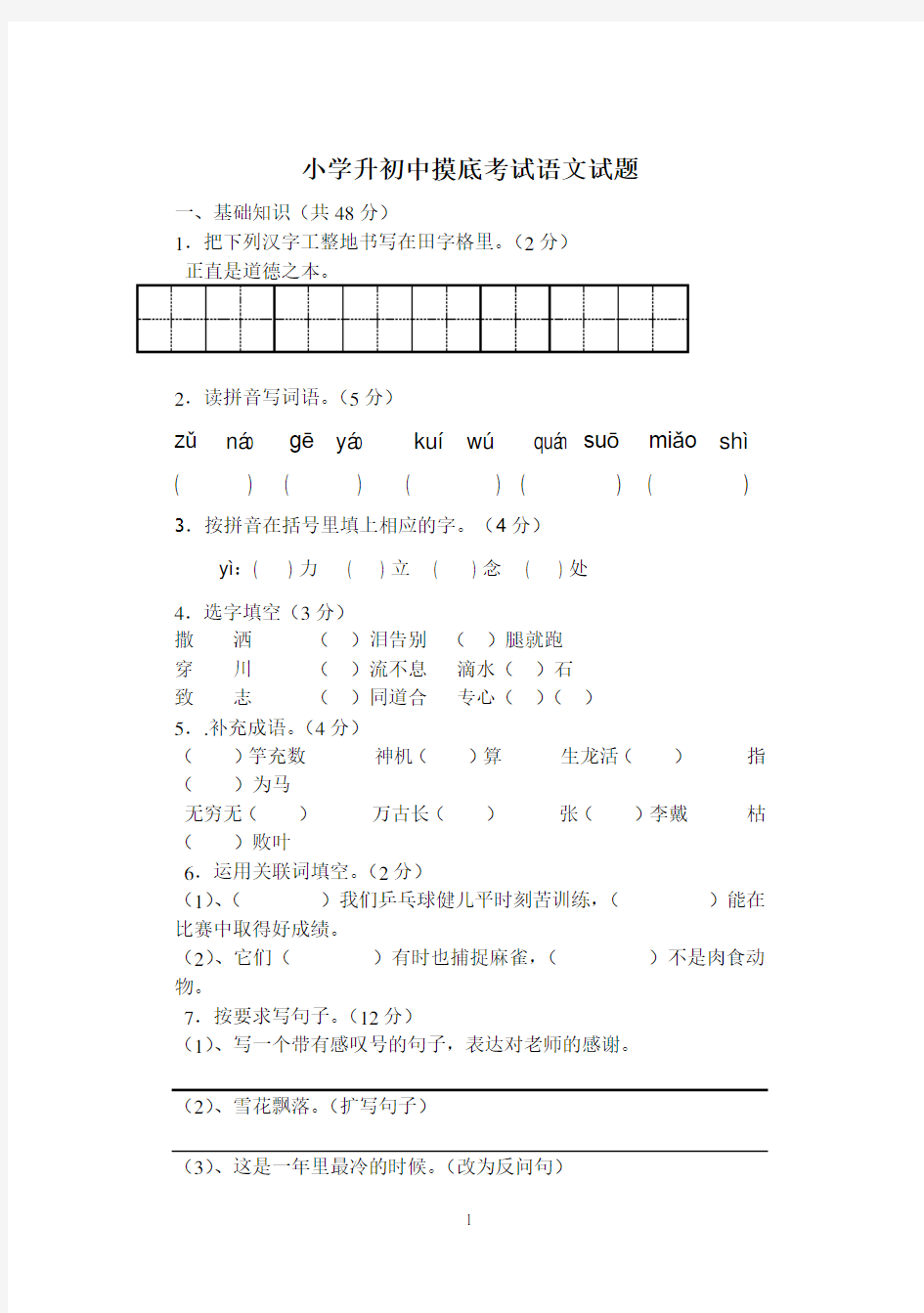 新人教版小学升初中语文试题