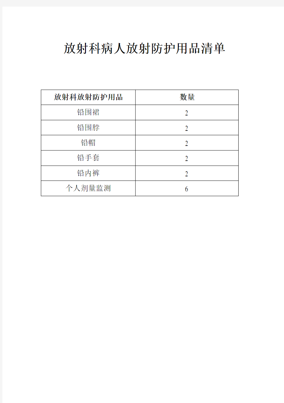 放射科放射防护用品清单