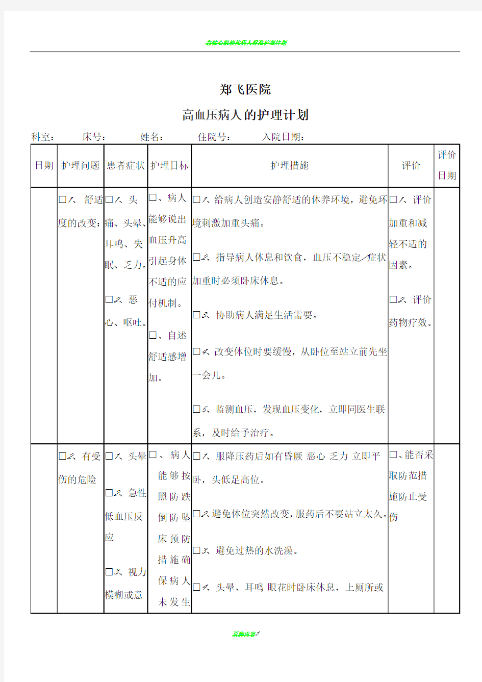 高血压护理计划单