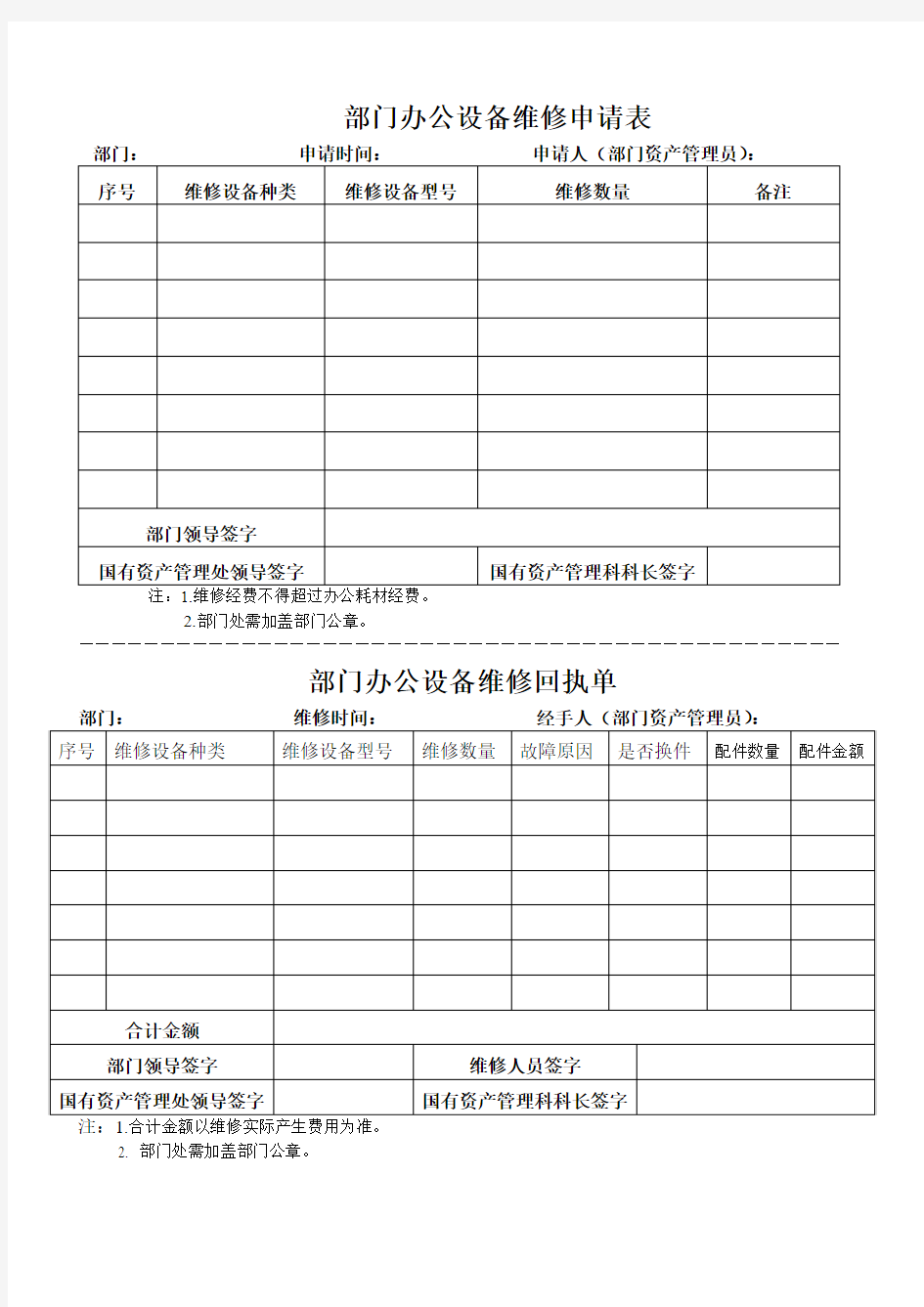 部门办公设备维修申请表