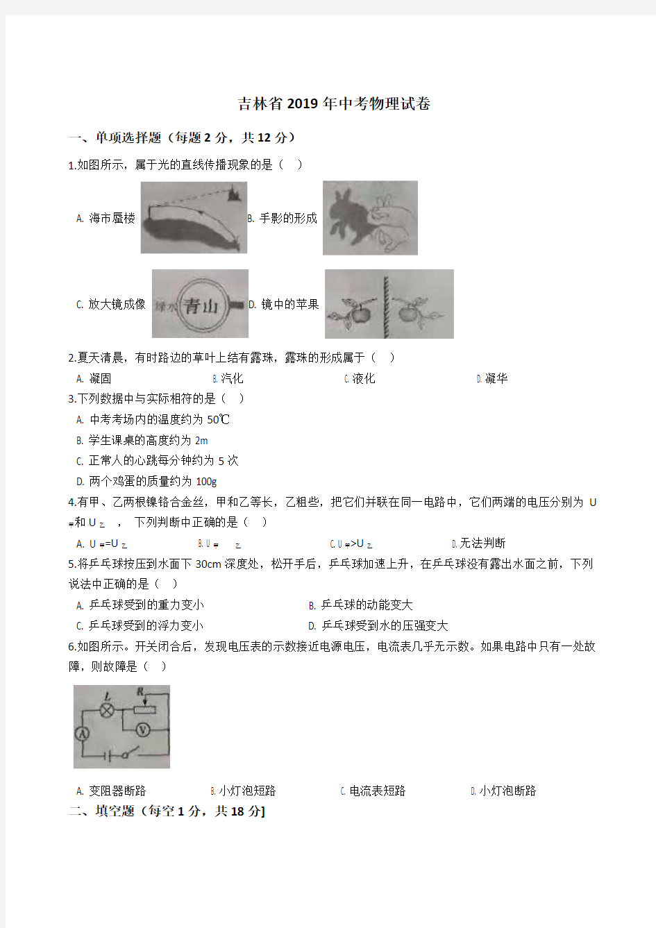 2019年吉林省中考物理试题(Word版,含解析)