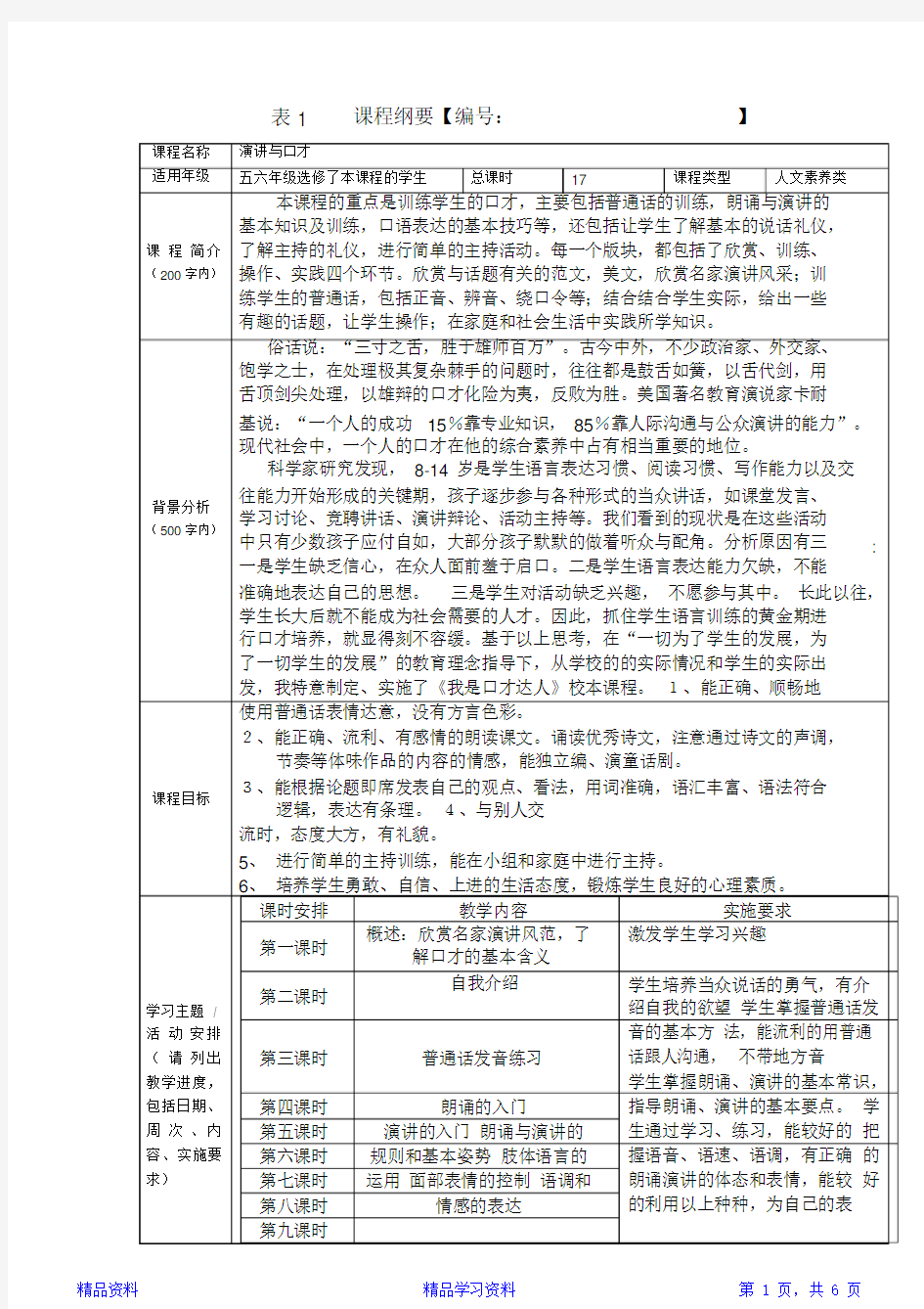 五六年级演讲与口才校本课程教学方案(精华版)