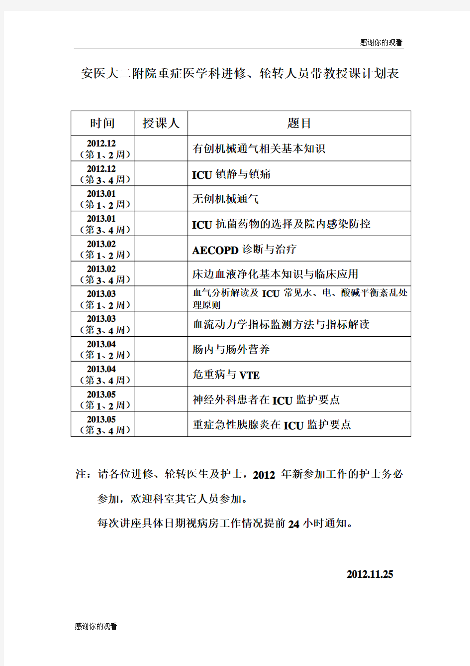 安医大二附院重症医学科进修、轮转人员带教授课计划表 .doc