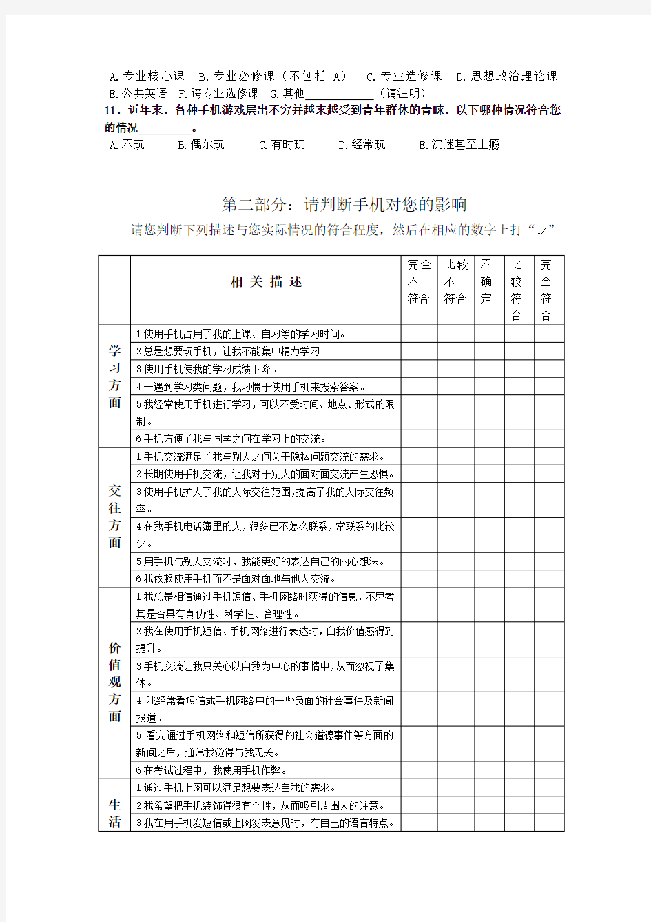 大学生手机使用情况调查问卷