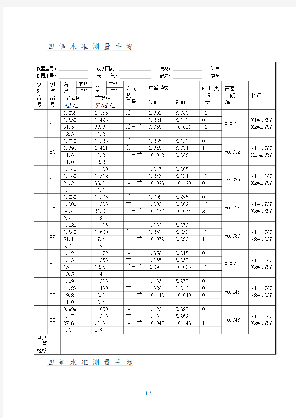 四等水准测量手簿一组