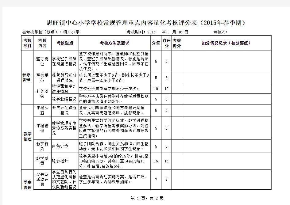 学校常规管理考核表