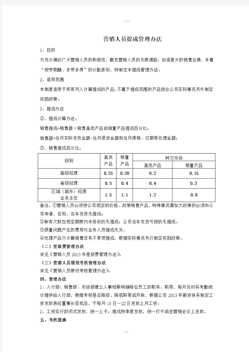 销售人员提成管理办法