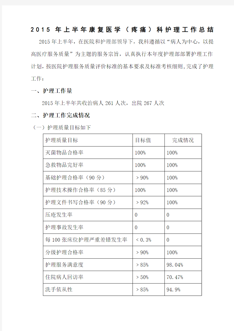 康复科护理工作半年总结