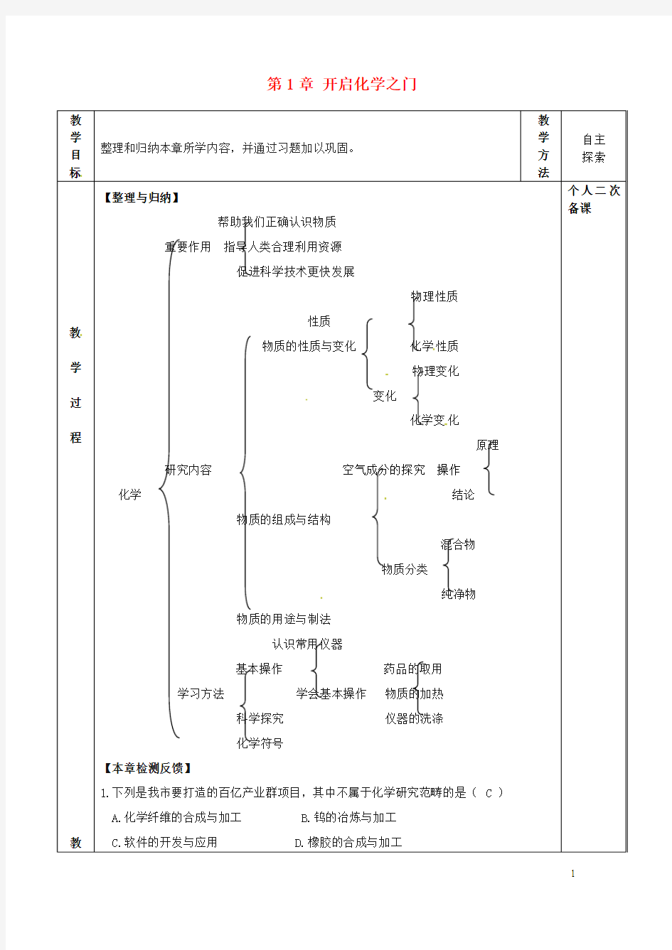 九年级化学全册第一章开启化学之门复习课教案(新版)沪教版