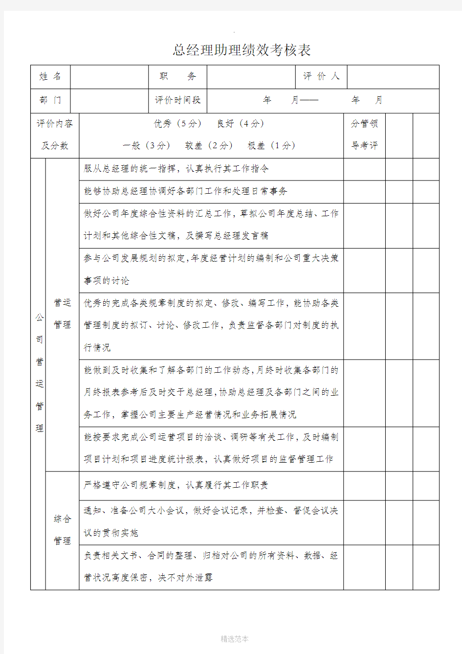 总经理助理绩效考核表64458