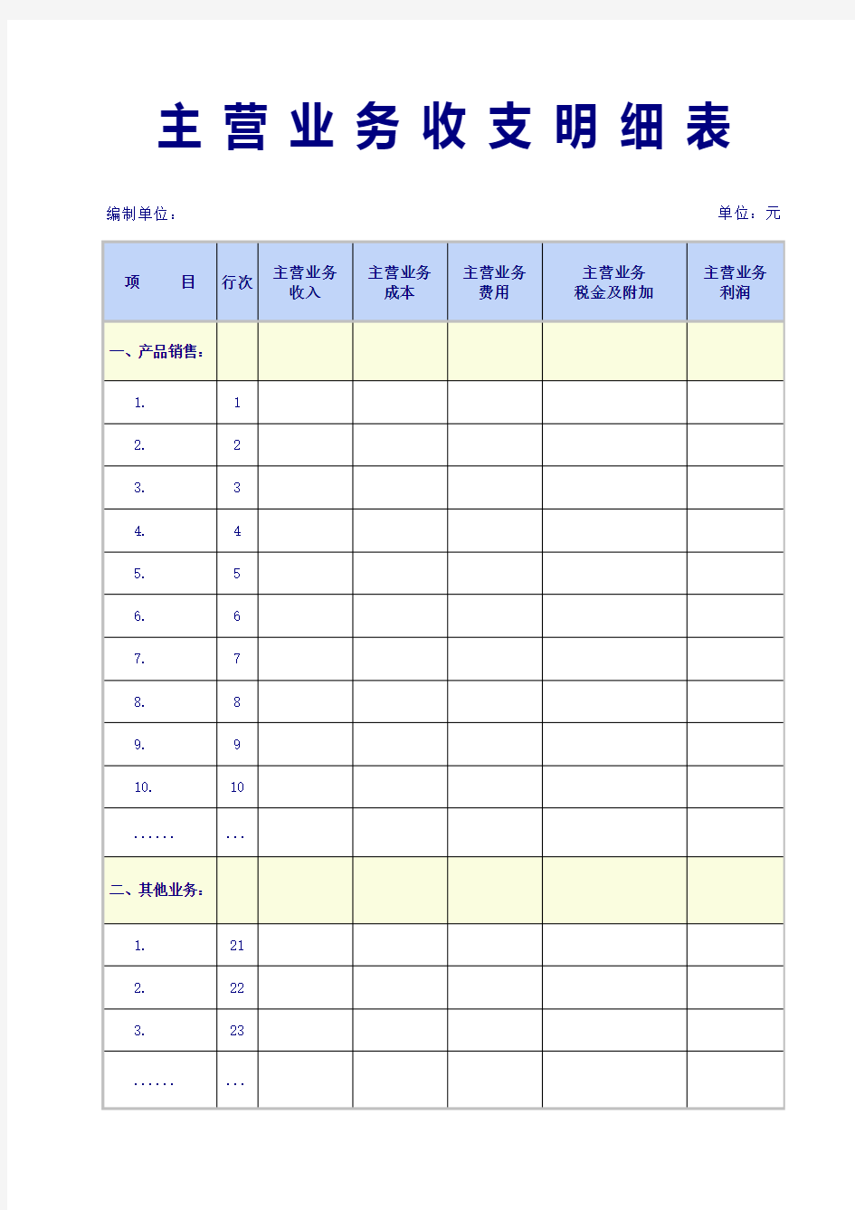 主营业务收支明细表excel模版