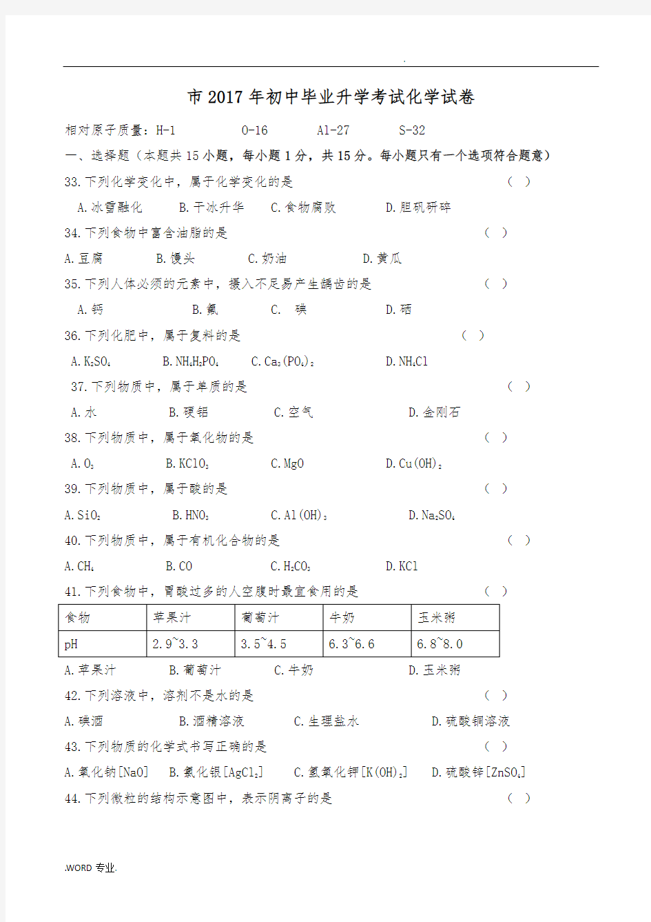 2017大连市中考化学试题与答案