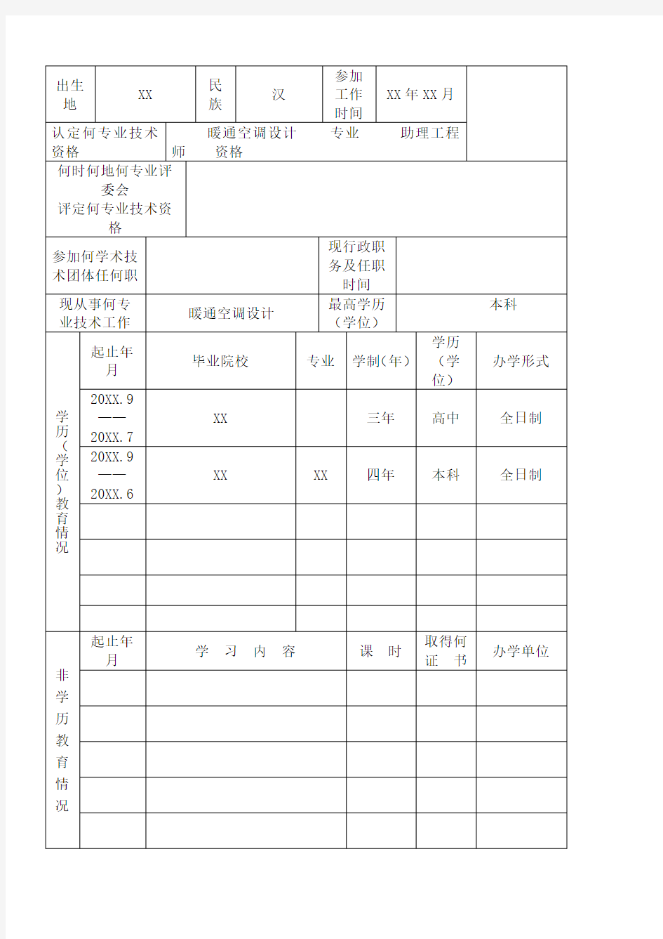 广东省专业技术人员专业技术资格考核认定申报表(范例)()