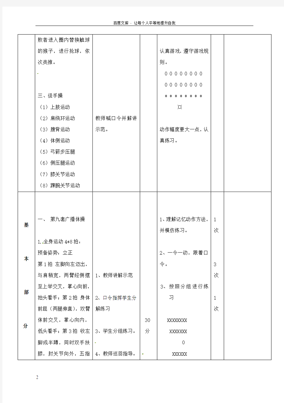 七年级体育上册第九套广播体操全身,跳跃教案