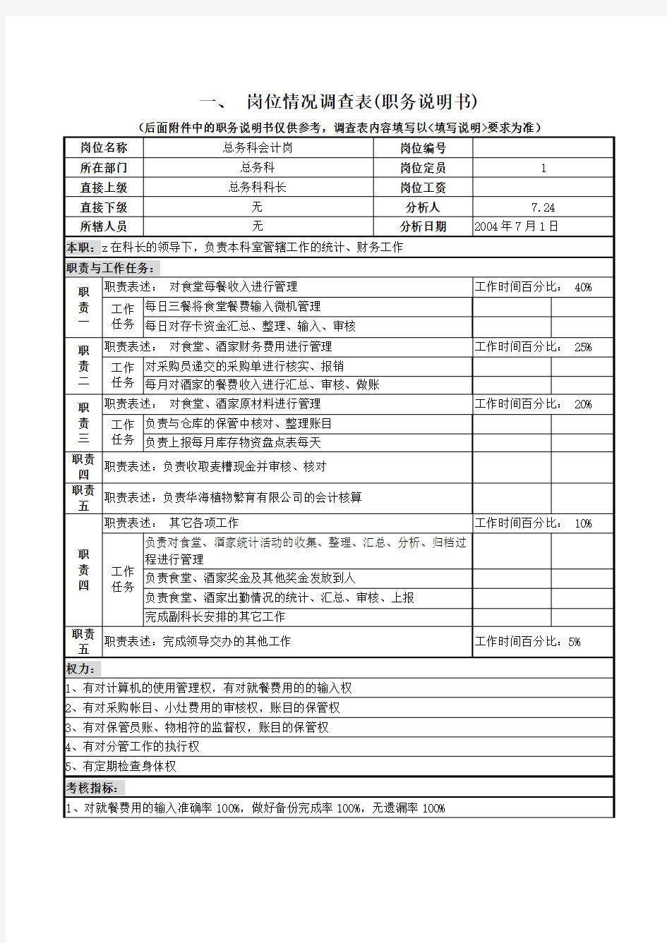 总务科会计岗位说明书