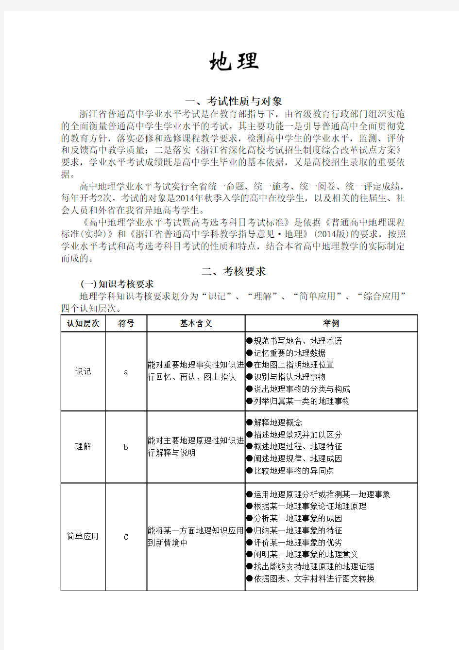 (完整版)地理2017浙江新高考学考考纲考试标准word版