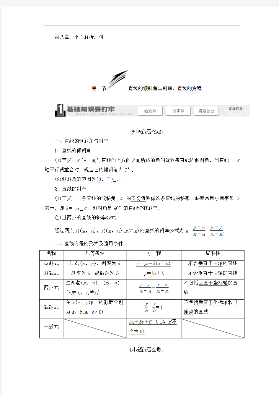 高中数学必修2--第三章《直线与方程》知识点总结与练习