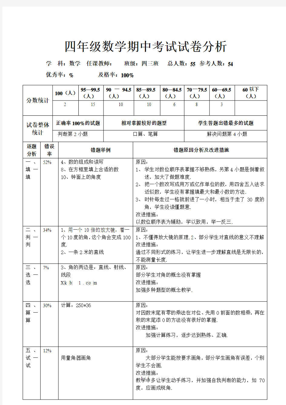 四年级数学期中考试试卷分析人教版