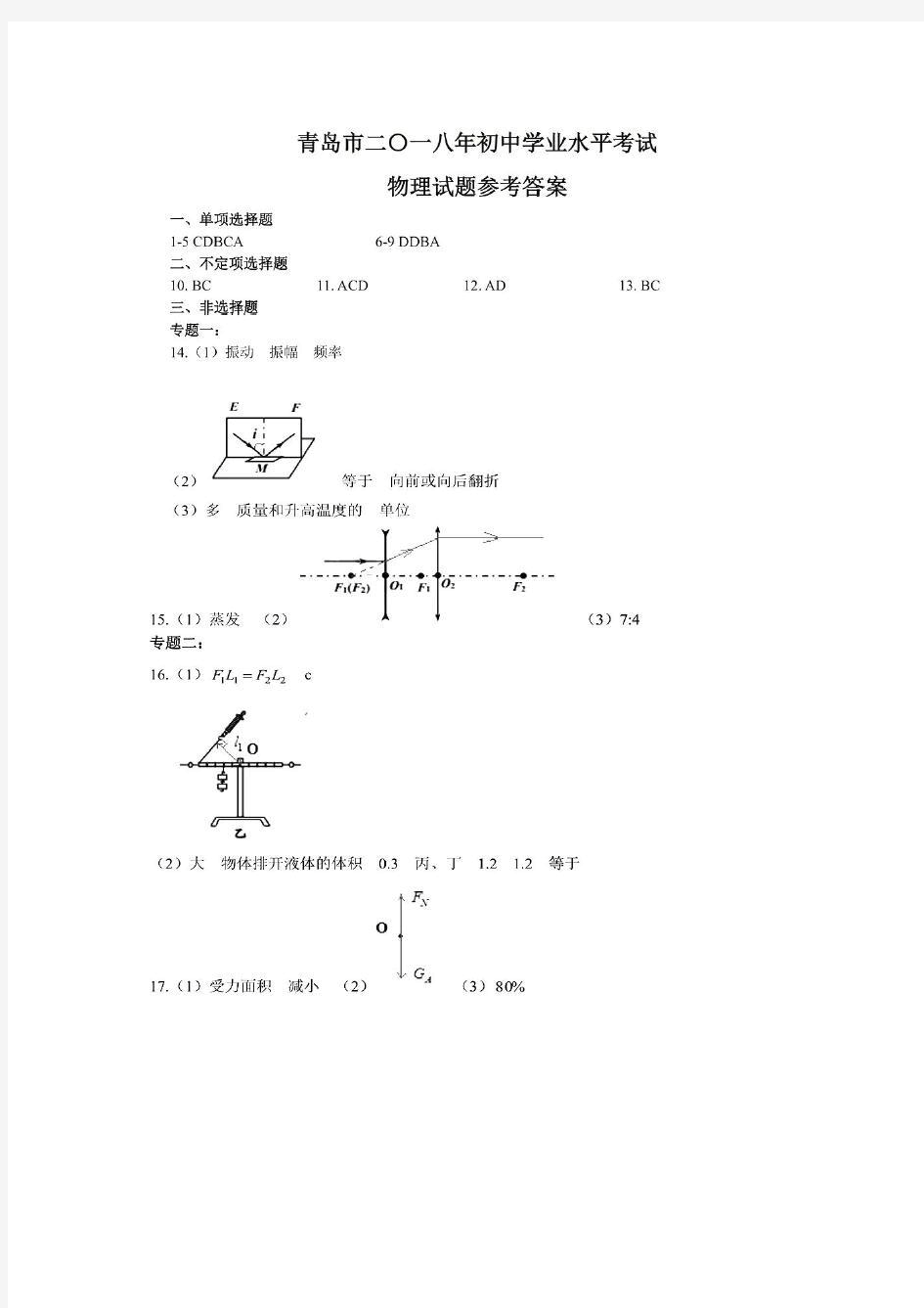 青岛2018年中考物理试题答案