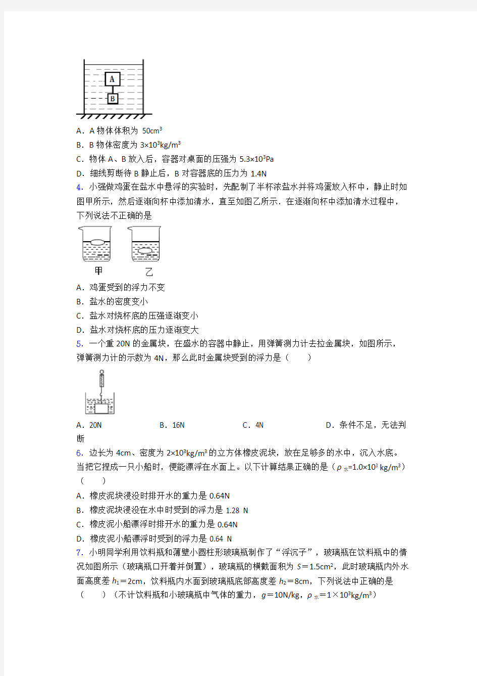 初二物理 第十章浮力知识点总结及答案