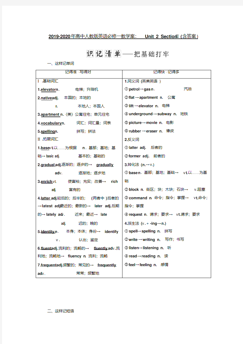 2019-2020年高中人教版英语必修一教学案：Unit2SectionⅡ(含答案)