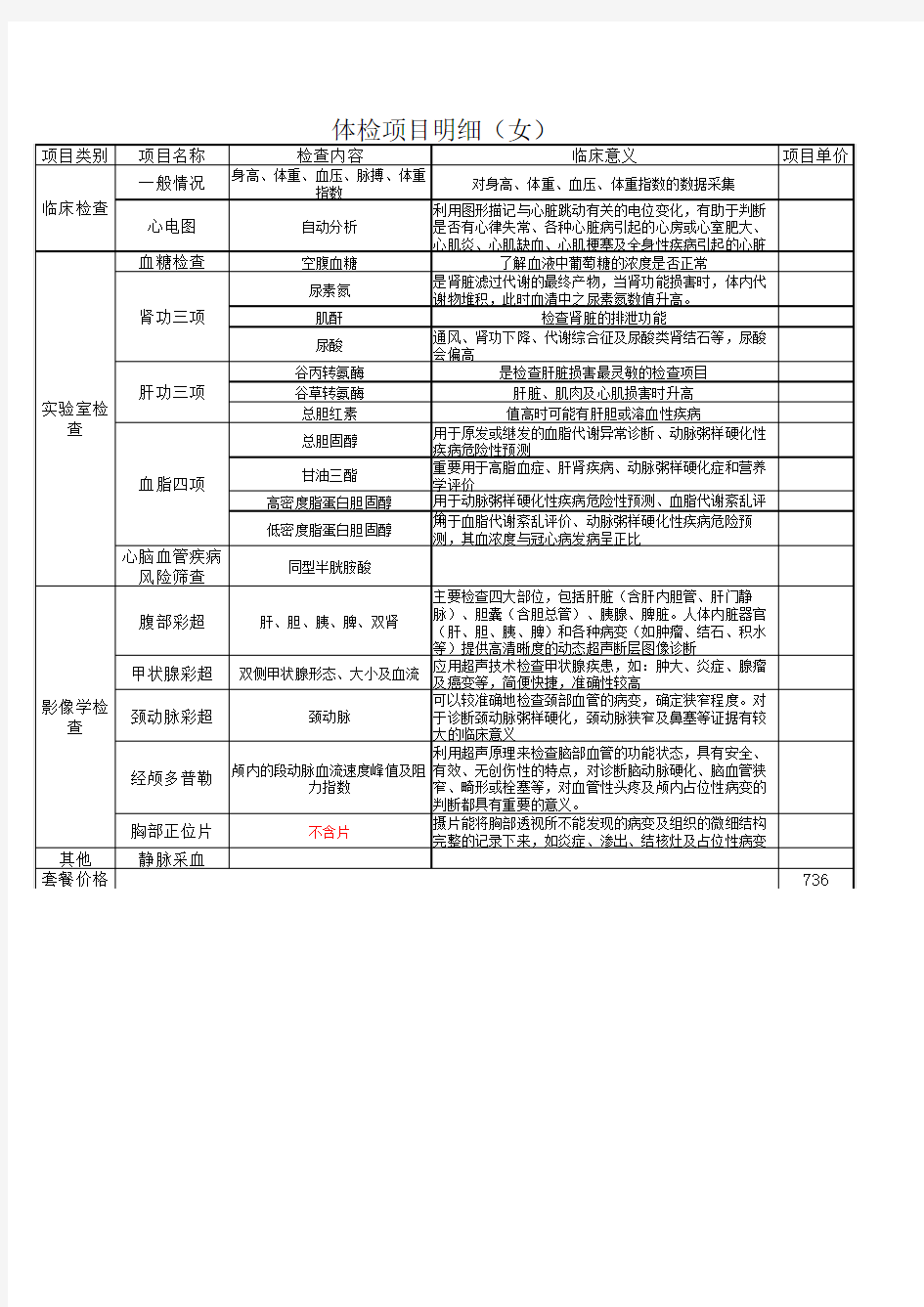 员工福利体检项目明细