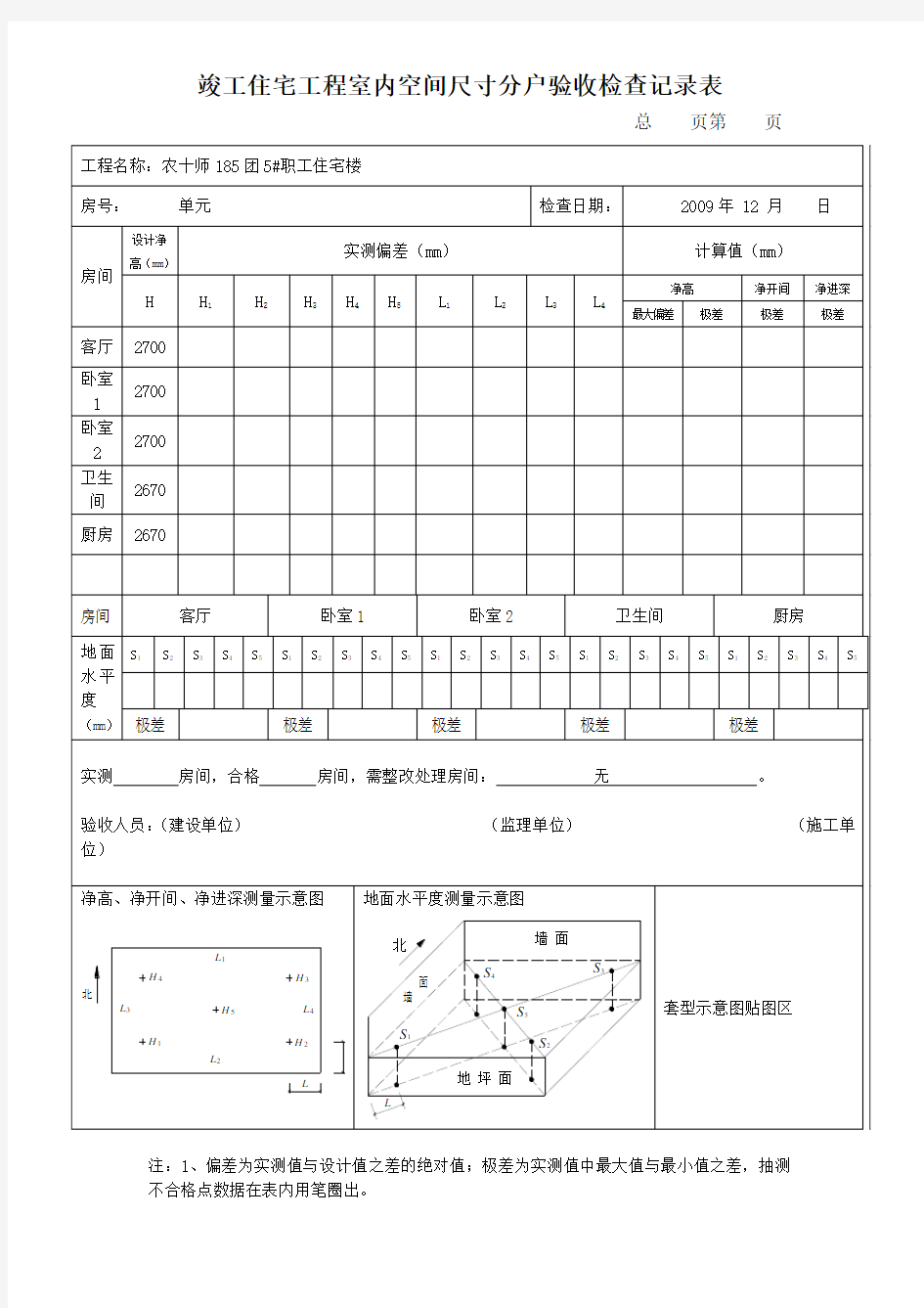 竣工住宅工程室内空间尺寸分户验收检查记录表