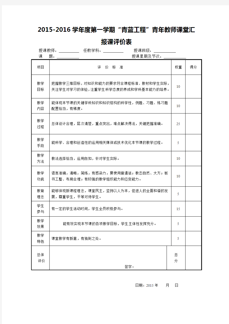 2015青蓝工程汇报课评价表