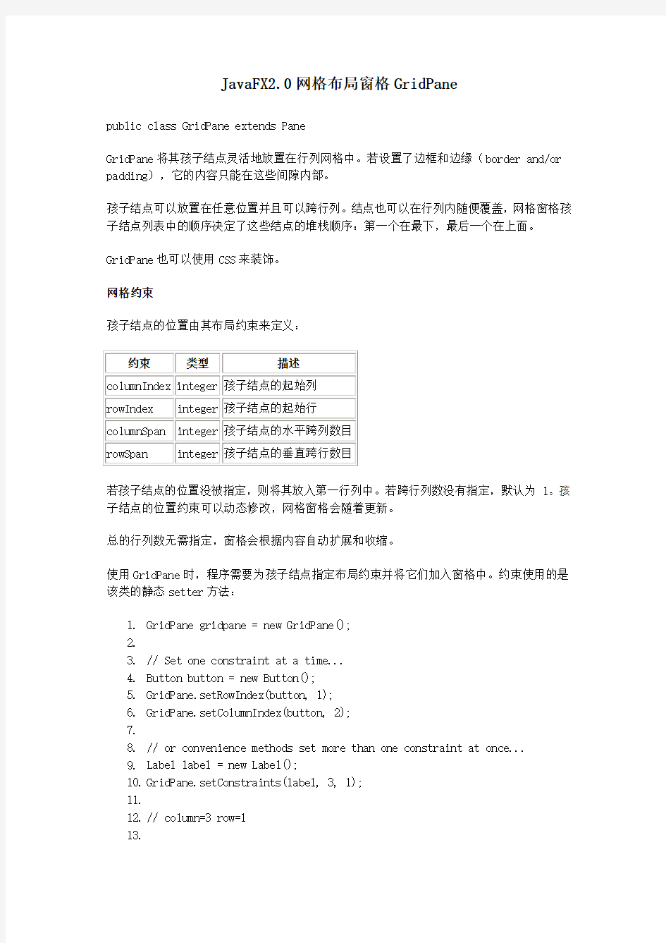 JavaFX2.0网格布局窗格GridPane