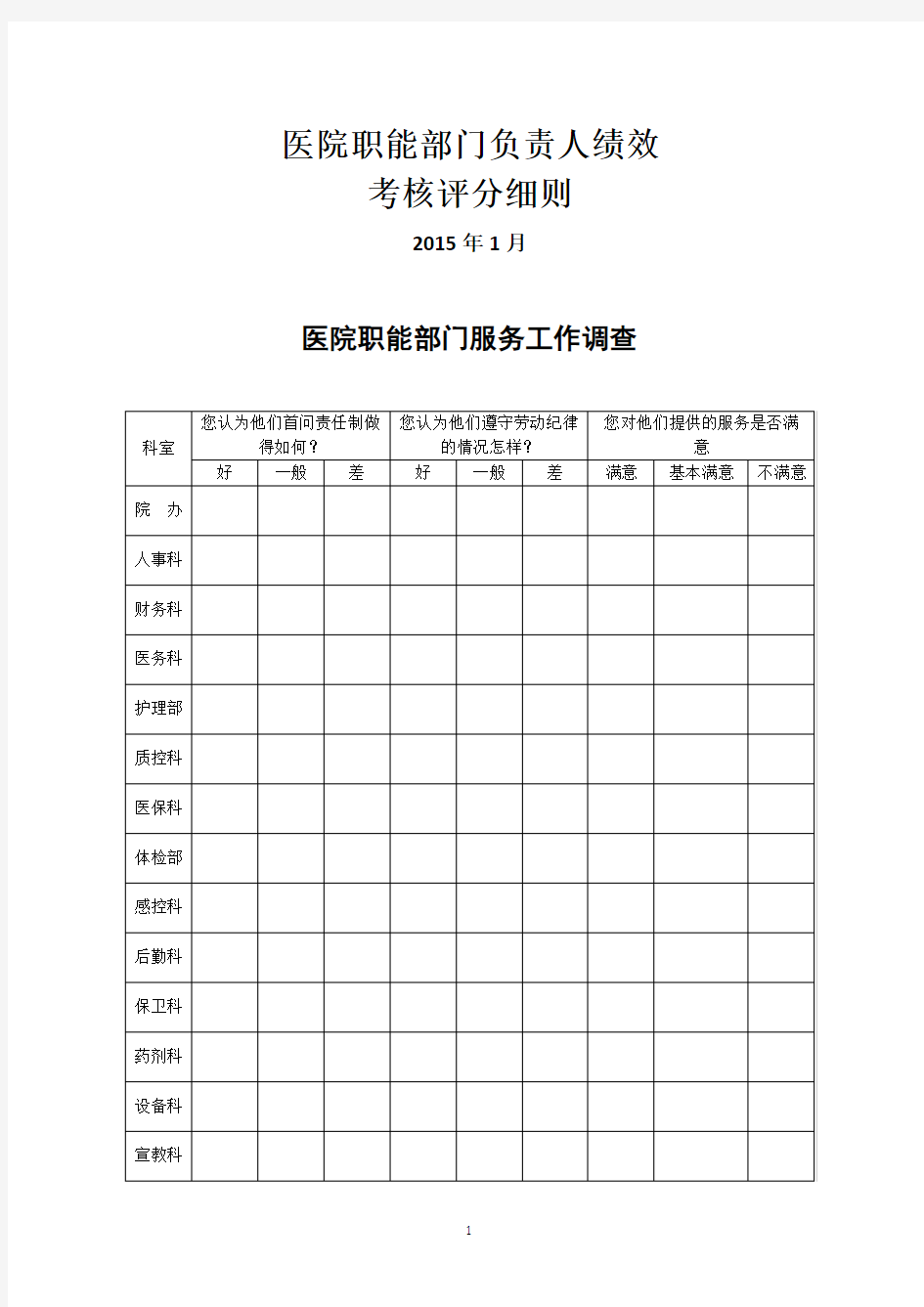 医院职能部门绩效考核方案