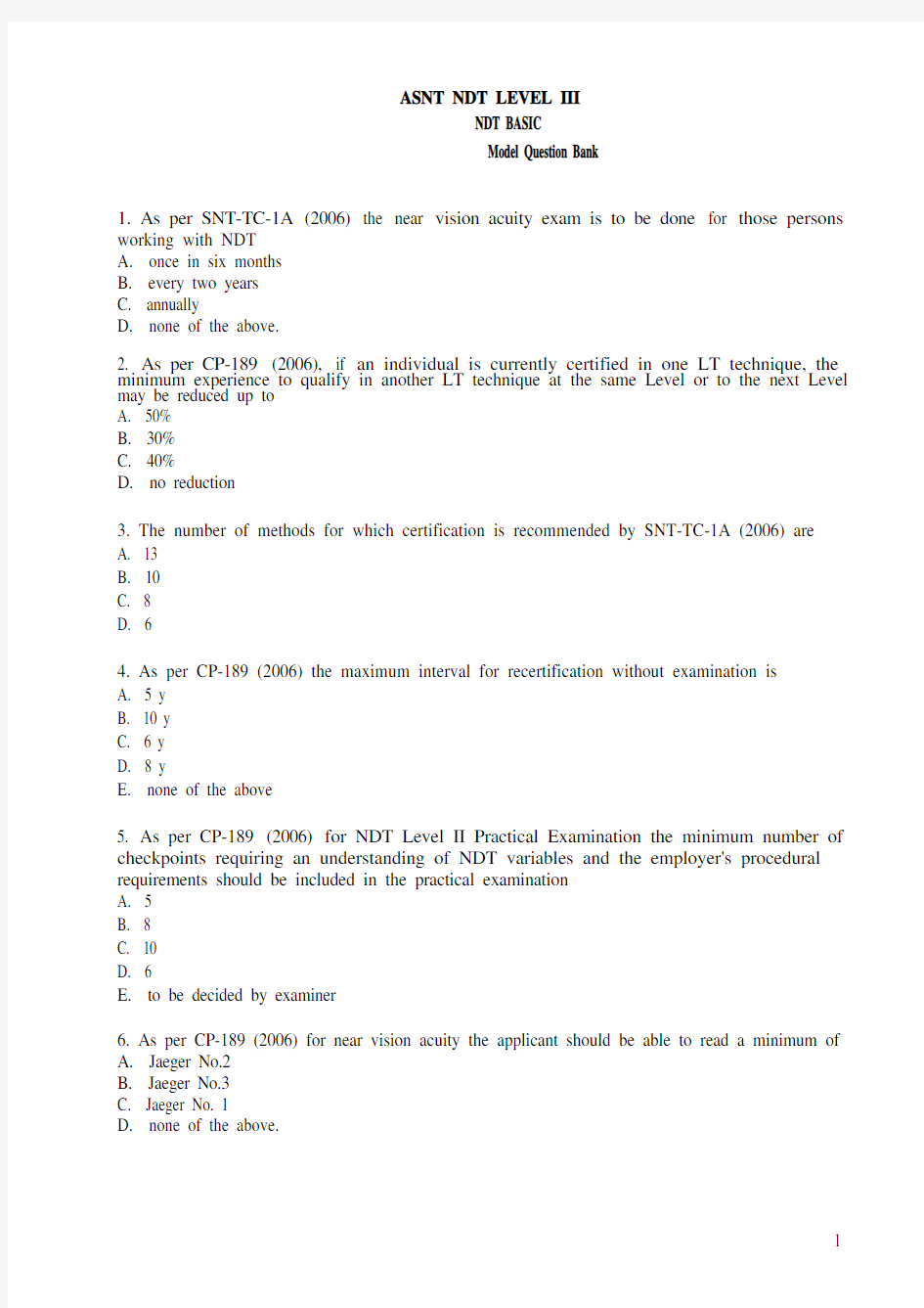 ASNT Level III BASIC Model Question Bank