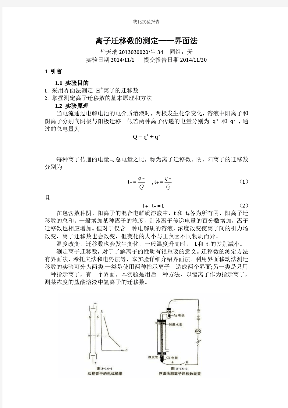 离子迁移数的测定