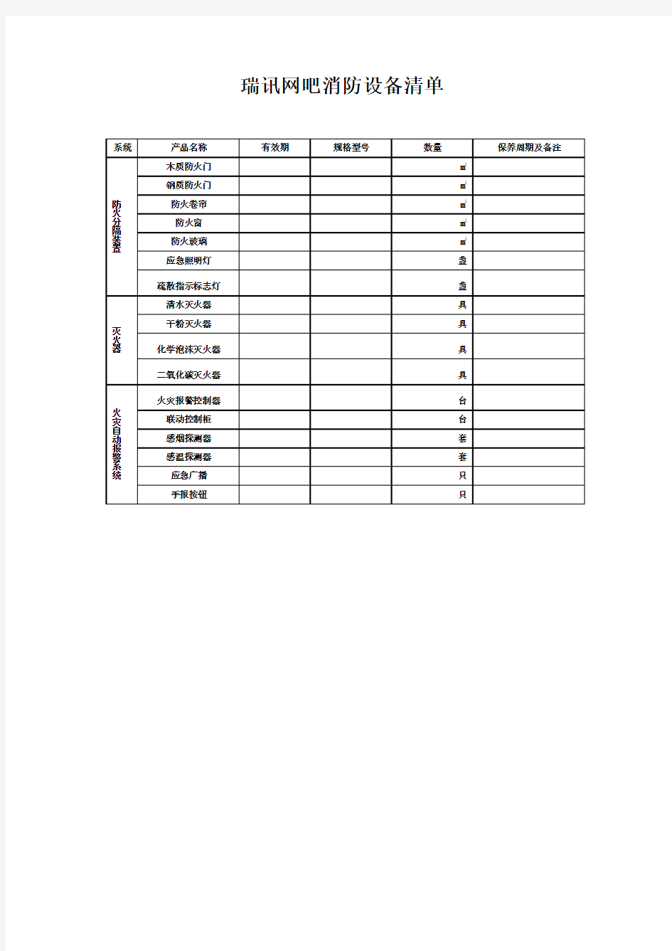 消防设备清单