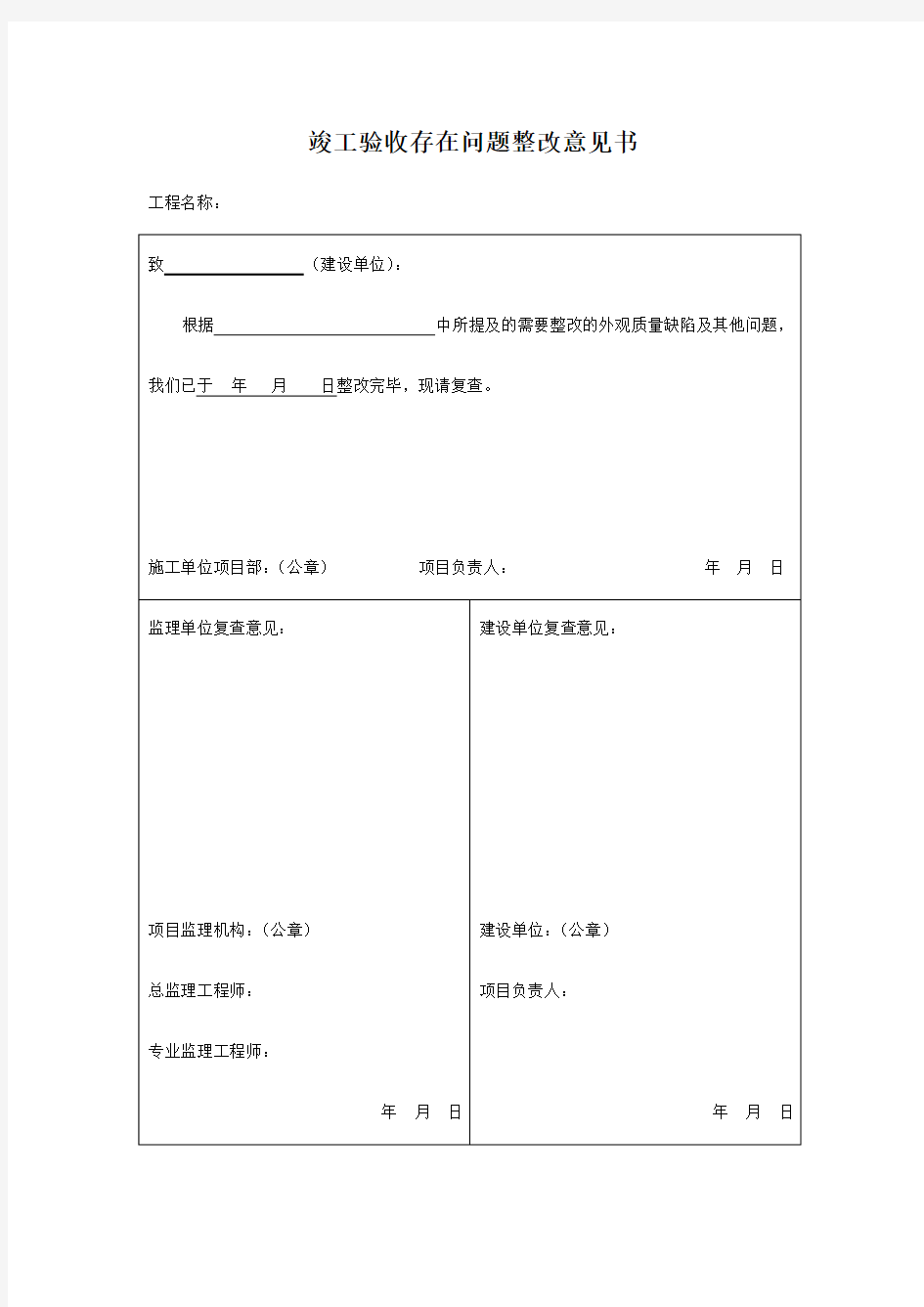 竣工验收存在问题整改意见书