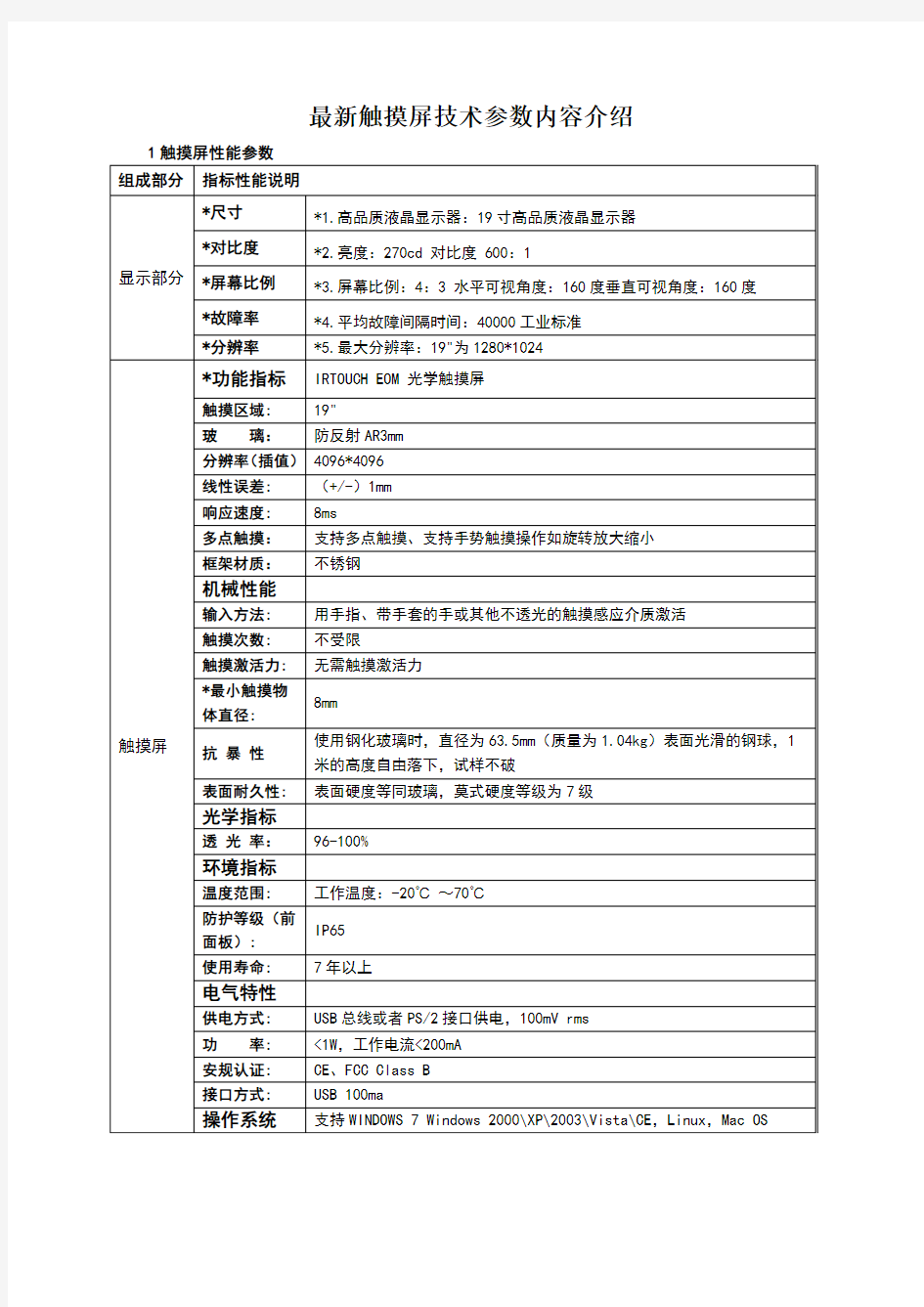 触摸屏技术参数内容介绍