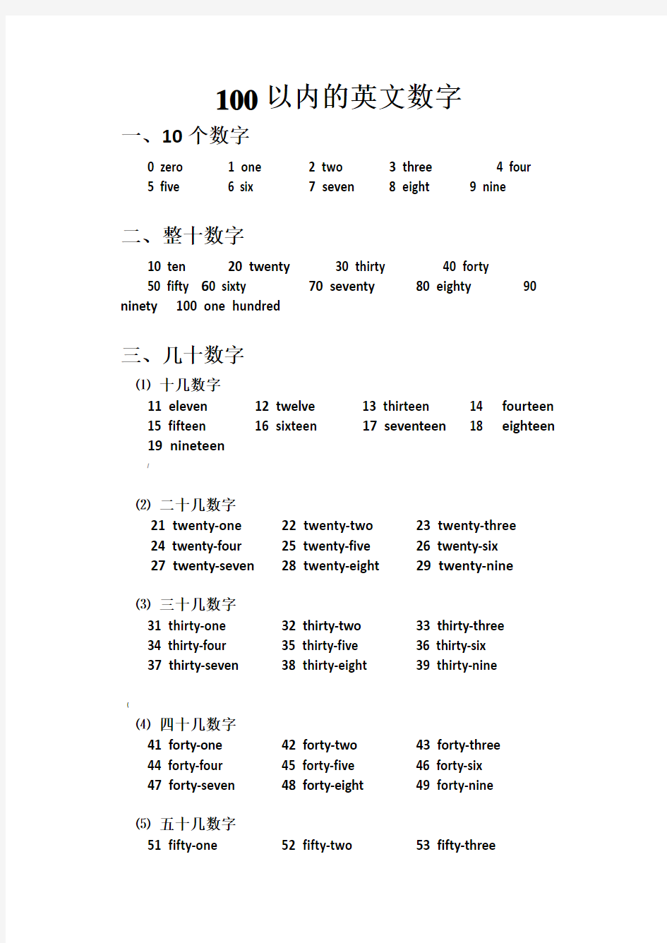 100以内的英文数字