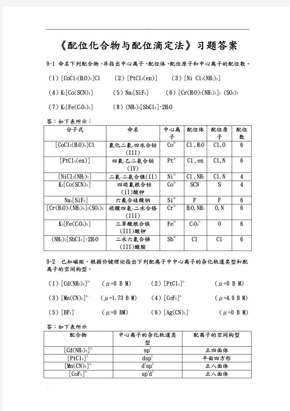 《配位化合物与配位滴定法》习题答案