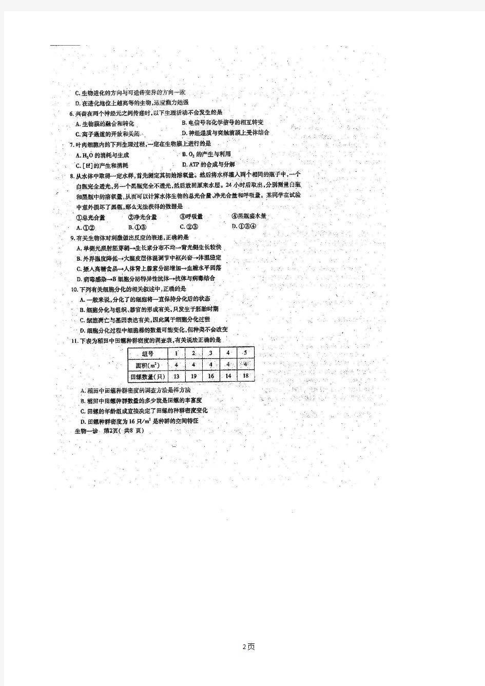 2018届四川省德阳市高三一诊模拟生物试题(图片版)