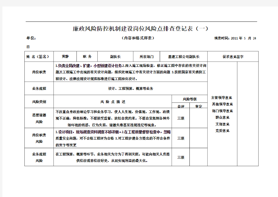 岗位廉政风险点排查登记表